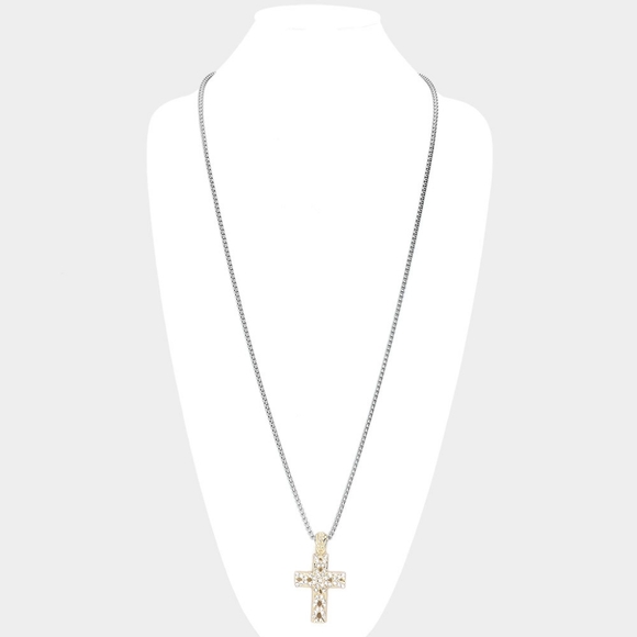 Long Two Tone 14K Gold Plated Cross Necklace Paved Crystal Pendant Silver Chain - Picture 2 of 2